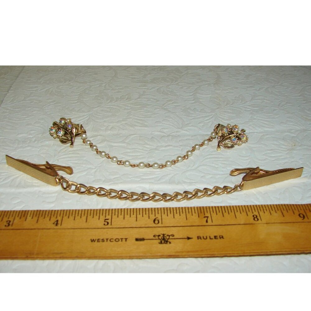 Vtg 1958 Sweater/Cloak Clips Guards (x2), Rhinestone/Faux Pearl & Gold Tone E79